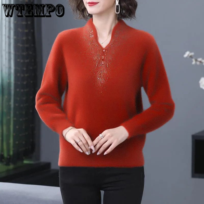 Βιζόν, βελούδινο πουλόβερ με λαιμόκοψη σε σχήμα V Λεπτό διπλής όψεως Deutsch μητρικό κοστούμι Ευέλικτο μοντέρνο Μεσήλικα μακρυμάνικο μπλουζάκι γυναικών