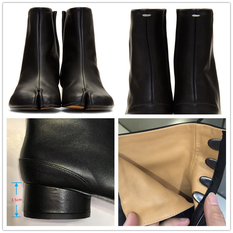 Γυναικεία Split Toe Ninja Tabi Μποτάκια Στρογγυλά Τακούνια 3,5 cm Μεσαίο Τακούνι MM6 Γυναικεία Δερμάτινα Παπούτσια Γυναικεία Κοντά Μποτάκια Μάρκα Σχεδιασμός