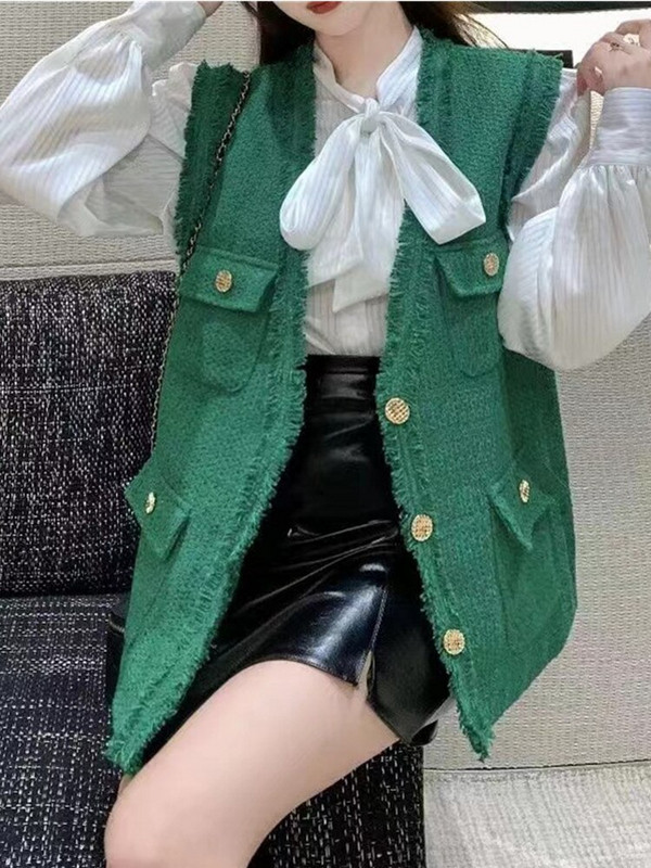 SMTHMA Jauns pavasaris, vispiemērotākais, vienkrāsains veste Tvīda jakas veste sieviešu modes virsdrēbes ar vienrindu pušķi