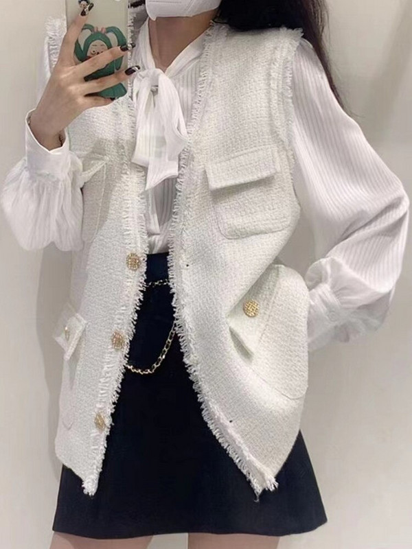 SMTHMA Jauns pavasaris, vispiemērotākais, vienkrāsains veste Tvīda jakas veste sieviešu modes virsdrēbes ar vienrindu pušķi