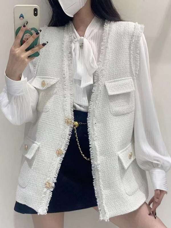 SMTHMA Jauns pavasaris, vispiemērotākais, vienkrāsains veste Tvīda jakas veste sieviešu modes virsdrēbes ar vienrindu pušķi