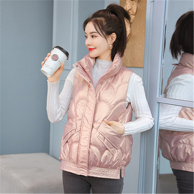 Κορεάτικα γυναικεία χειμωνιάτικα γιλέκα με κουκούλα 2021 Νέο κοντό γιλέκο σε φωτεινό χρώμα Βαμβακερό τζάκετ αμάνικο γυναικείο γιλέκο χειμωνιάτικο