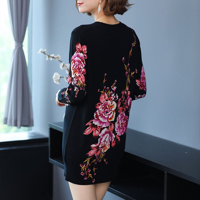 YISU Proljeće Jesen Ženska odjeća Pulover s O-izrezom Ženski džemper s printom cvijeta ruže Labavi ležerni Dugi pleteni pulover 2021.