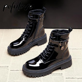 Pofulove ziemas puszābaki sievietēm melni platformas lakādas ķīļi īsi zābaki sieviešu modes vidēji papēži apaļas purngala zābaciņi