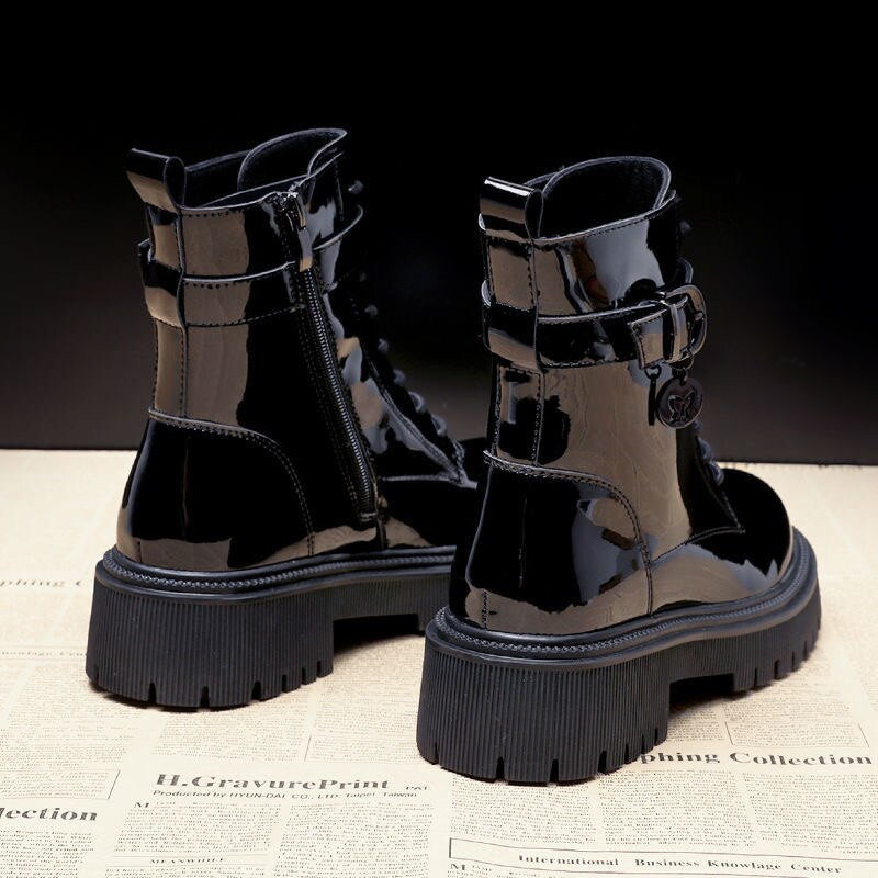 Pofulove ziemas puszābaki sievietēm melni platformas lakādas ķīļi īsi zābaki sieviešu modes vidēji papēži apaļas purngala zābaciņi