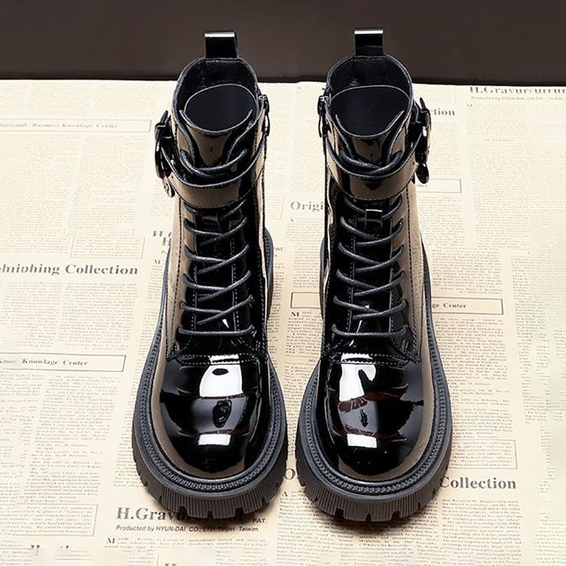 Pofulove ziemas puszābaki sievietēm melni platformas lakādas ķīļi īsi zābaki sieviešu modes vidēji papēži apaļas purngala zābaciņi