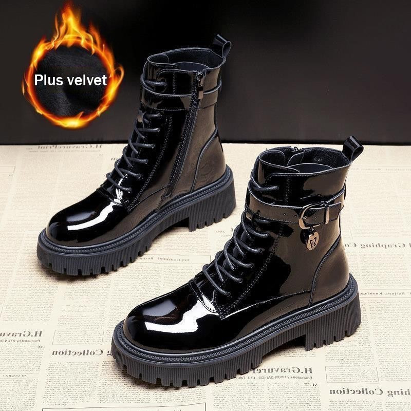 Pofulove ziemas puszābaki sievietēm melni platformas lakādas ķīļi īsi zābaki sieviešu modes vidēji papēži apaļas purngala zābaciņi