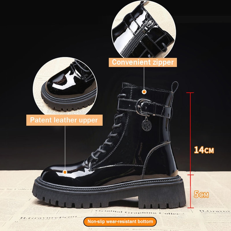 Pofulove ziemas puszābaki sievietēm melni platformas lakādas ķīļi īsi zābaki sieviešu modes vidēji papēži apaļas purngala zābaciņi