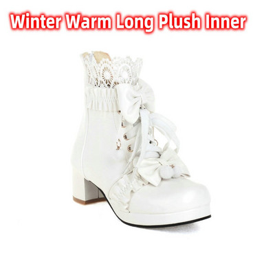 Rózsaszín fehér fekete vaskos sarkú Lolita cipők pillangós csomós üreges csipke női cosplay hercegnő udvari vintage téli bokacsizma