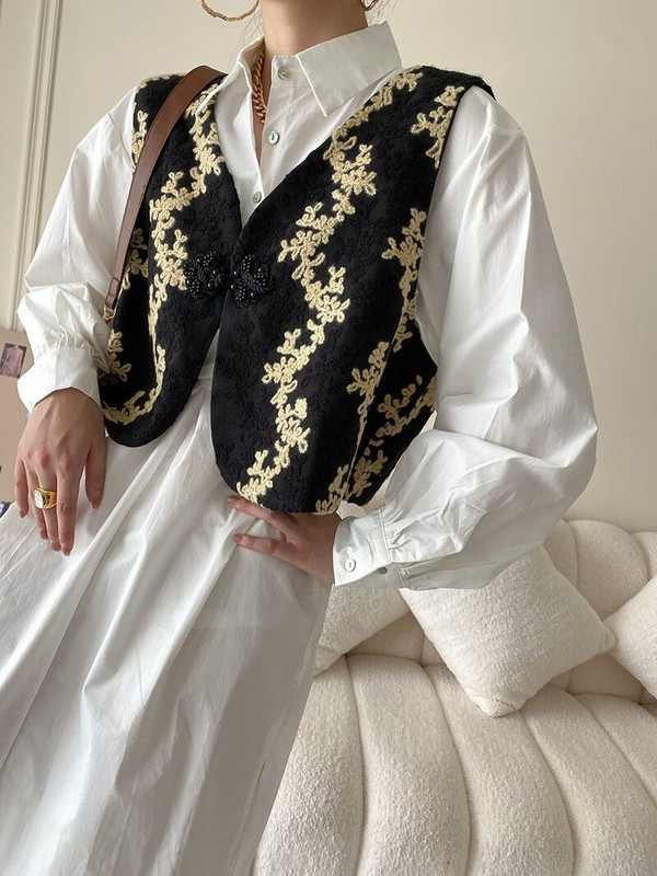 Vintage hímzett rövid mellény női kabát, 2022. ősz, új V nyakú, ujjatlan mellény felsők koreai elegáns alkalmi elegáns dzsekik