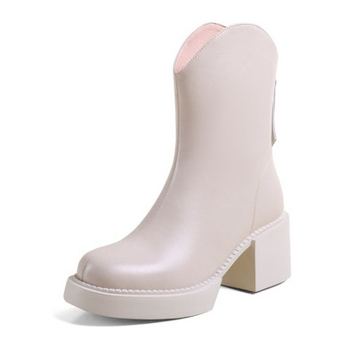 2022 Νέες χειμερινές γυναικείες μπότες Γυναικεία παπούτσια με στρογγυλό τετράγωνο τακούνι Γνήσιο μαλλί με χοντρό τακούνι κοντά μπότες μονόχρωμες γυναικείες γόβες πλατφόρμας