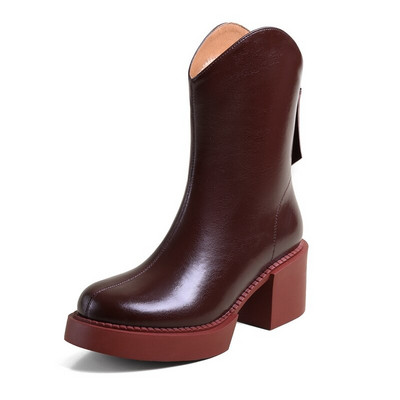 2022 Νέες χειμερινές γυναικείες μπότες Γυναικεία παπούτσια με στρογγυλό τετράγωνο τακούνι Γνήσιο μαλλί με χοντρό τακούνι κοντά μπότες μονόχρωμες γυναικείες γόβες πλατφόρμας