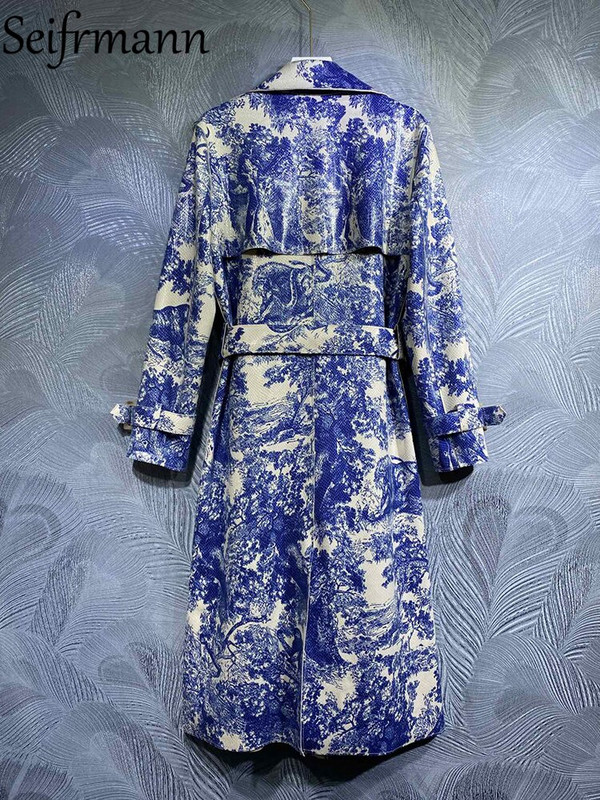 Seifrmann Visokokvalitetni jesenski ženski modni dizajneri Trenč kaputi dugih rukava s remenom Plavi džungla print Vintage kaputi Kaput