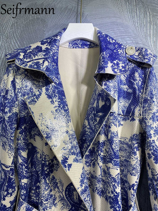 Seifrmann Visokokvalitetni jesenski ženski modni dizajneri Trenč kaputi dugih rukava s remenom Plavi džungla print Vintage kaputi Kaput