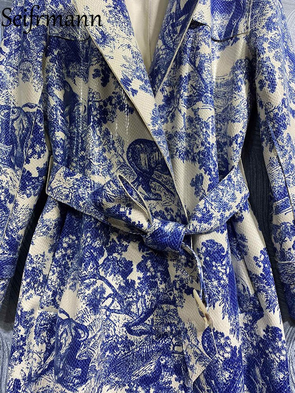 Seifrmann Visokokvalitetni jesenski ženski modni dizajneri Trenč kaputi dugih rukava s remenom Plavi džungla print Vintage kaputi Kaput