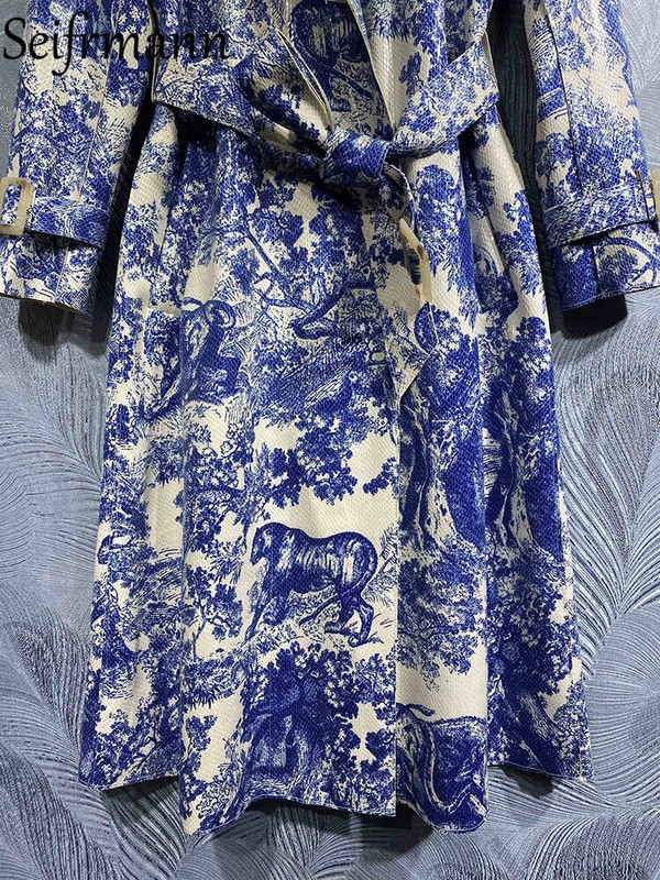 Seifrmann Visokokvalitetni jesenski ženski modni dizajneri Trenč kaputi dugih rukava s remenom Plavi džungla print Vintage kaputi Kaput