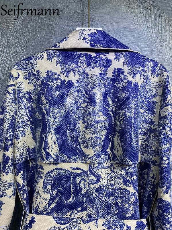 Seifrmann Visokokvalitetni jesenski ženski modni dizajneri Trenč kaputi dugih rukava s remenom Plavi džungla print Vintage kaputi Kaput