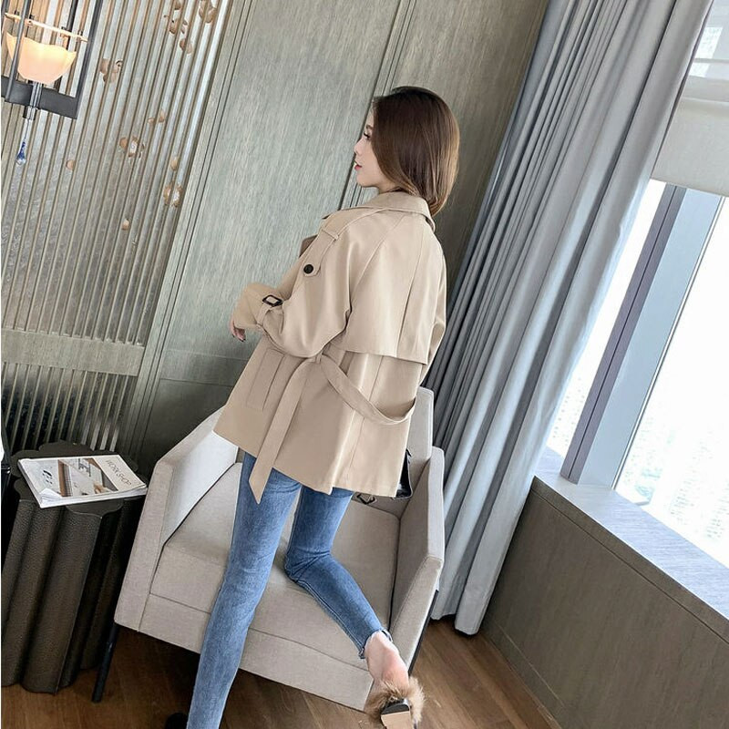 Korejiešu modes apgriezts uzrakts sieviešu mētelis, tievs jostas haki krāsas vējjaka, divrindu 2022. gada pavasara mētelis, elegants Gabardinas