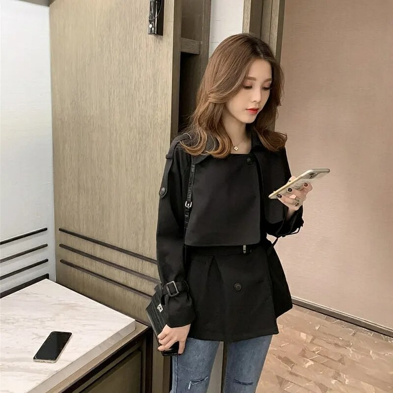 Korejiešu modes apgriezts uzrakts sieviešu mētelis, tievs jostas haki krāsas vējjaka, divrindu 2022. gada pavasara mētelis, elegants Gabardinas