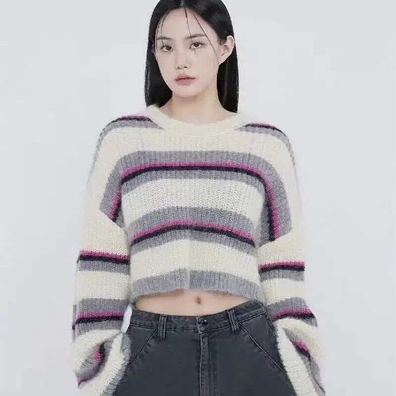 MEXZT japāņu vintage svītrains trikotāžas džemperis sievietēm rudens modes Harajuku brīvi Y2k puloveri ikdienišķs korejiešu slinks vēja tops