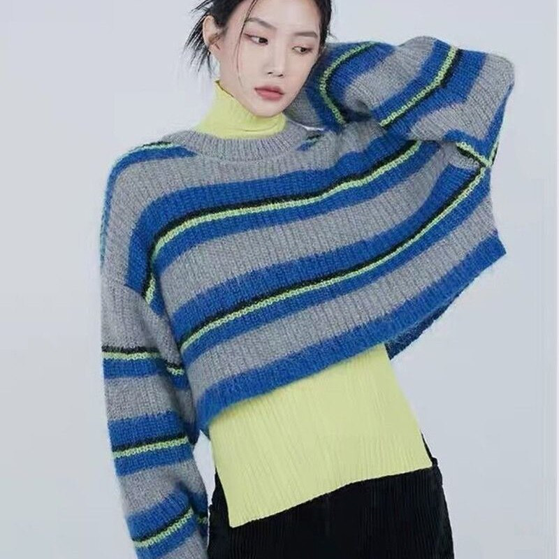 MEXZT japāņu vintage svītrains trikotāžas džemperis sievietēm rudens modes Harajuku brīvi Y2k puloveri ikdienišķs korejiešu slinks vēja tops