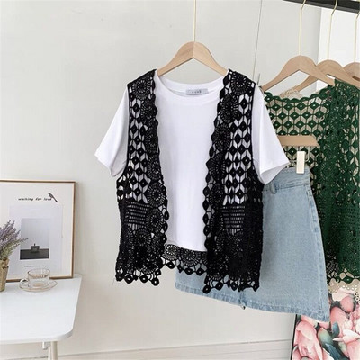 Mori Γιλέκα Κροσέ Μπλούζες Γυναικεία Αμάνικα Μπουφάν Γιλέκο Λευκό Δαντελένιο Πουκάμισο Γιλέκο Κοντό Πανωφόρι Chaleco Sin Mangas Mujer