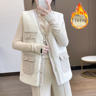 Αμάνικο μπουφάν Γυναικείο καφέ συνονθύλευμα Φαρδύ γυναικείο ζεστό γιλέκο 2022 Άνοιξη φθινόπωρο Κομψό αρνίσιο μαλλί Γυναικεία γιλέκα τουίντ Παλτό