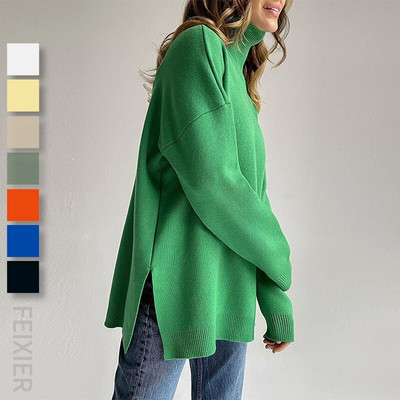 Ikdienas brīvi ziemas sieviešu trikotāžas džemperis ar apkakli