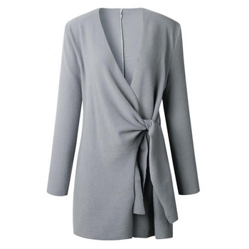 Γυναικείο παλτό πουλόβερ Chic μονόχρωμο V λαιμόκοψη μακρυμάνικο μέση με κόμπους casual πλεκτό παλτό Casual φαρδύ μάλλινο τζάκετ με δαντέλα