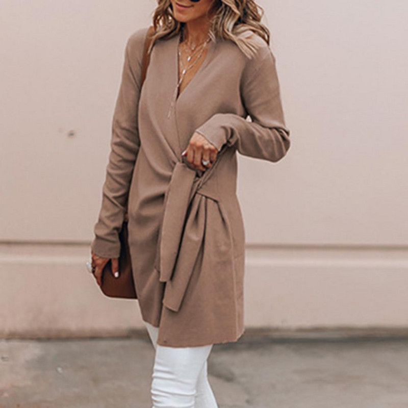 Ženski džemper kaput Chic, jednobojni, s V izrezom, dugim rukavima i strukom s čvorovima, ležerni pleteni kaput, ležerna labava vunena jakna na vezanje