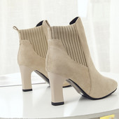 Sieviešu zamšādas zābaki, trikotāžas elastīgi īsi zābaki, modes smaili floka ziemas zābaki, sieviešu augsti papēži, sieviešu puszābaki