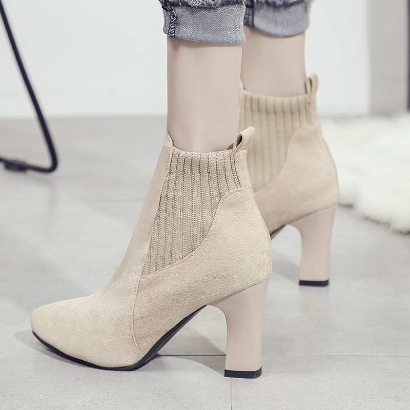 Sieviešu zamšādas zābaki, trikotāžas elastīgi īsi zābaki, modes smaili floka ziemas zābaki, sieviešu augsti papēži, sieviešu puszābaki