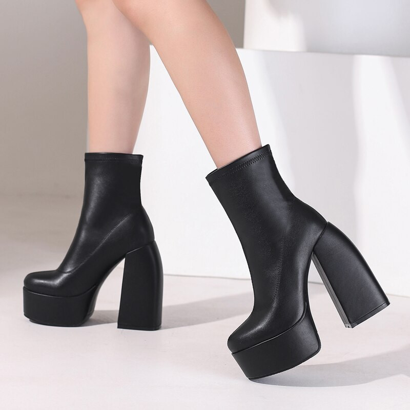 Χοντρό Πλατφόρμα Ελαστικά Μποτάκια Γυναικεία Φθινοπωρινά χειμερινά ψηλοτάκουνα γοτθικά παπούτσια Γυναικεία μαύρα μποτάκια