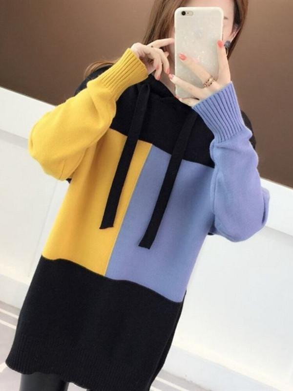 Rudens un ziemas jaunums 2022. gada modes topi ar garām piedurknēm ar kapuci, kontrastējoši sieviešu lielizmēra džemperis, brīvs, mīksts sieviešu trikotāžas džemperi