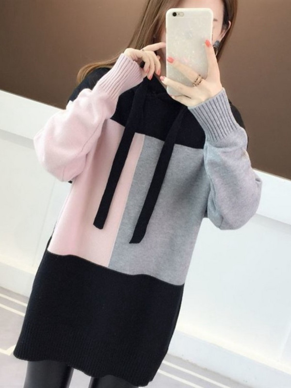 Rudens un ziemas jaunums 2022. gada modes topi ar garām piedurknēm ar kapuci, kontrastējoši sieviešu lielizmēra džemperis, brīvs, mīksts sieviešu trikotāžas džemperi