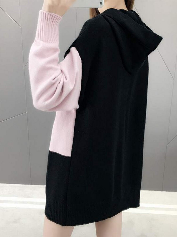 Rudens un ziemas jaunums 2022. gada modes topi ar garām piedurknēm ar kapuci, kontrastējoši sieviešu lielizmēra džemperis, brīvs, mīksts sieviešu trikotāžas džemperi