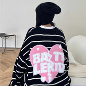 Heart Letter Κέντημα Πουλόβερ Γυναικείο High Street Fashion Ριγέ Πουλόβερ Πουλόβερ Φαρδύ Μακρυμάνικο Crew Neck Πουλόβερ