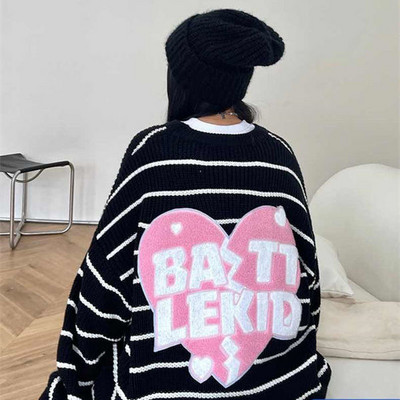 Heart Letter Κέντημα Πουλόβερ Γυναικείο High Street Fashion Ριγέ Πουλόβερ Πουλόβερ Φαρδύ Μακρυμάνικο Crew Neck Πουλόβερ