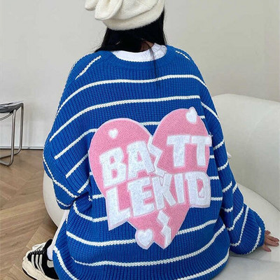 Heart Letter Κέντημα Πουλόβερ Γυναικείο High Street Fashion Ριγέ Πουλόβερ Πουλόβερ Φαρδύ Μακρυμάνικο Crew Neck Πουλόβερ