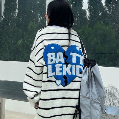 Heart Letter Κέντημα Πουλόβερ Γυναικείο High Street Fashion Ριγέ Πουλόβερ Πουλόβερ Φαρδύ Μακρυμάνικο Crew Neck Πουλόβερ