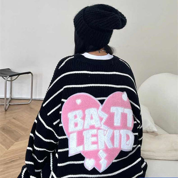 Heart Letter Κέντημα Πουλόβερ Γυναικείο High Street Fashion Ριγέ Πουλόβερ Πουλόβερ Φαρδύ Μακρυμάνικο Crew Neck Πουλόβερ