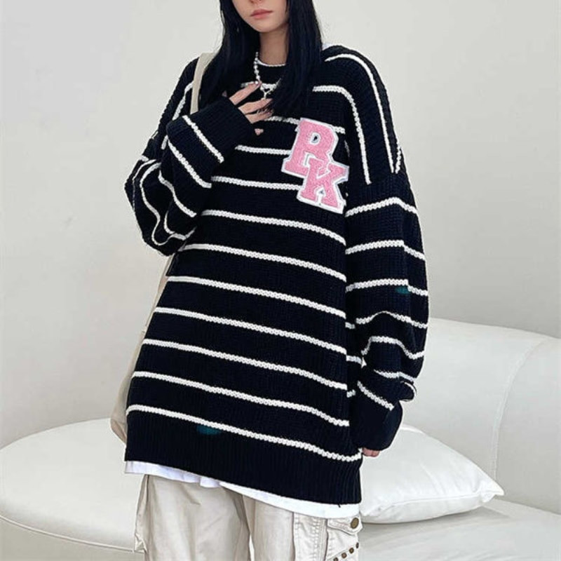 Heart Letter Κέντημα Πουλόβερ Γυναικείο High Street Fashion Ριγέ Πουλόβερ Πουλόβερ Φαρδύ Μακρυμάνικο Crew Neck Πουλόβερ