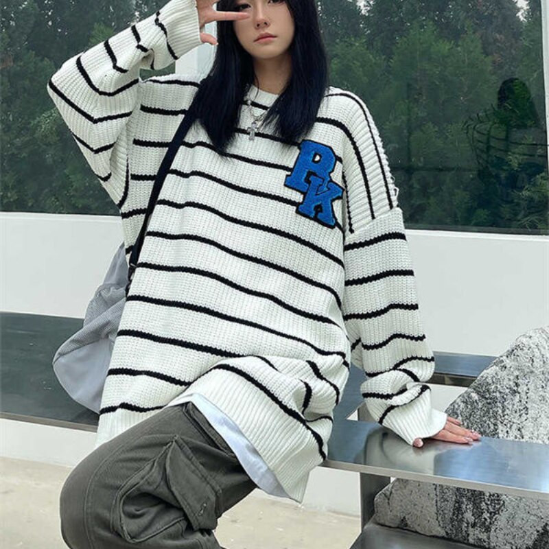 Heart Letter Κέντημα Πουλόβερ Γυναικείο High Street Fashion Ριγέ Πουλόβερ Πουλόβερ Φαρδύ Μακρυμάνικο Crew Neck Πουλόβερ