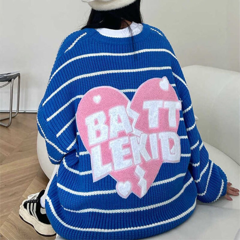 Heart Letter Κέντημα Πουλόβερ Γυναικείο High Street Fashion Ριγέ Πουλόβερ Πουλόβερ Φαρδύ Μακρυμάνικο Crew Neck Πουλόβερ