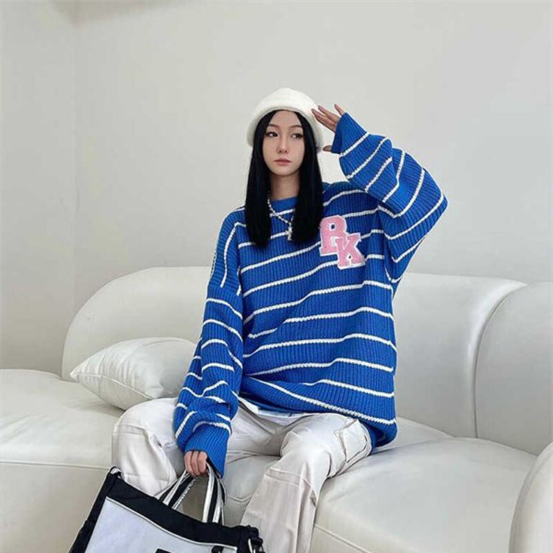 Heart Letter Κέντημα Πουλόβερ Γυναικείο High Street Fashion Ριγέ Πουλόβερ Πουλόβερ Φαρδύ Μακρυμάνικο Crew Neck Πουλόβερ