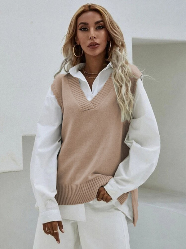 DGIRL Γυναικείο γιλέκο πλεκτό πουλόβερ πουλόβερ μονόχρωμο γιλέκο γιλέκο πουλόβερ Λεπτό αμάνικο γιλέκο V-λαιμόκοψη Πλεκτό πουλόβερ Γυναικείο τοπ