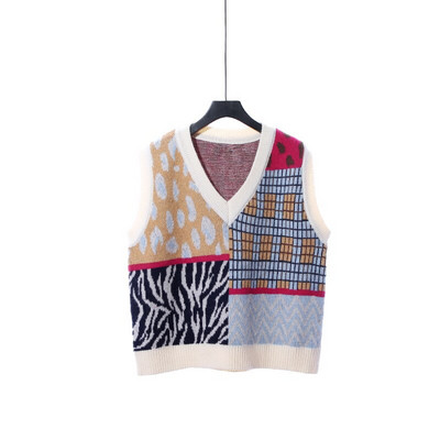 XFPV 2022. Novi jesenski modni pleteni prsluk s leopard prošivenim V-izrezom u korejskoj verziji Trend široki ženski prsluk