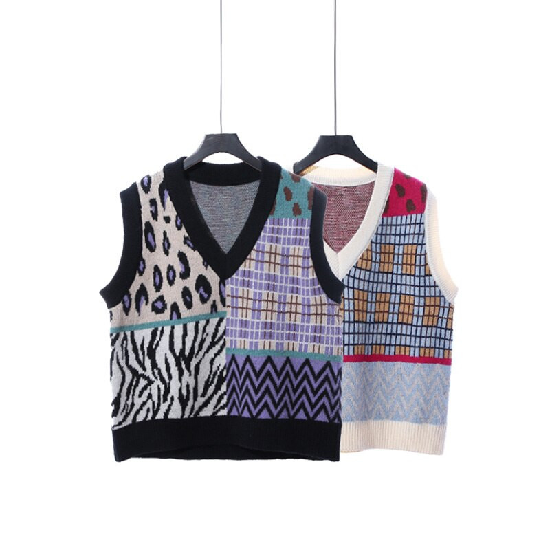 XFPV 2022. Novi jesenski modni pleteni prsluk s leopard prošivenim V-izrezom u korejskoj verziji Trend široki ženski prsluk