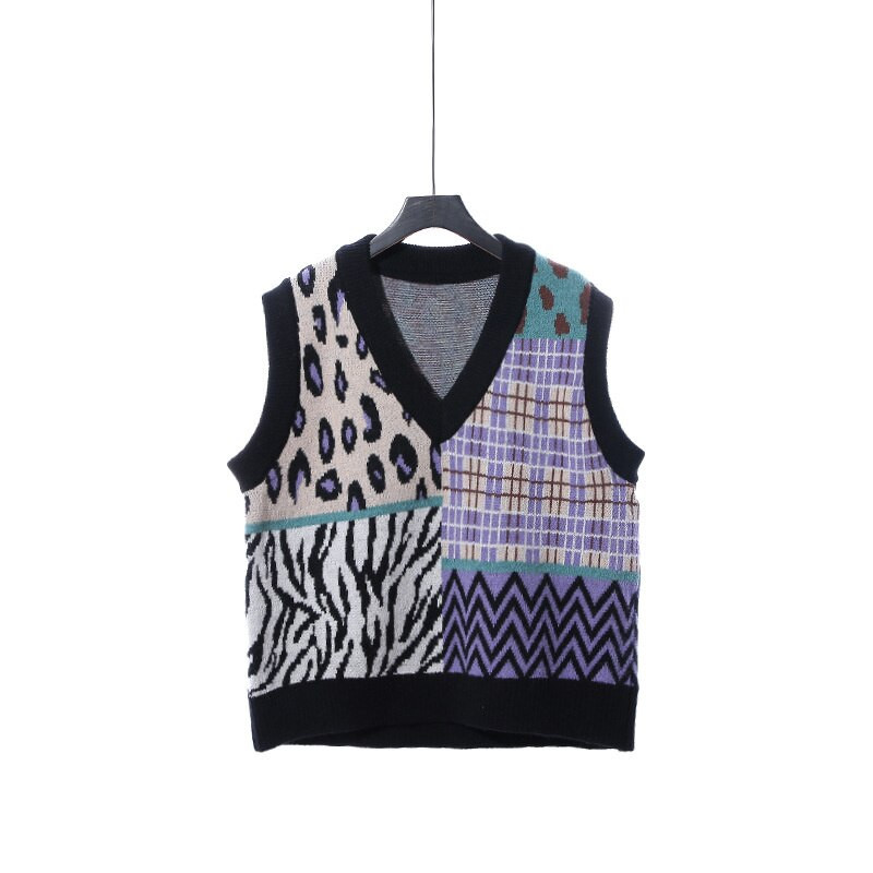 XFPV 2022. Novi jesenski modni pleteni prsluk s leopard prošivenim V-izrezom u korejskoj verziji Trend široki ženski prsluk