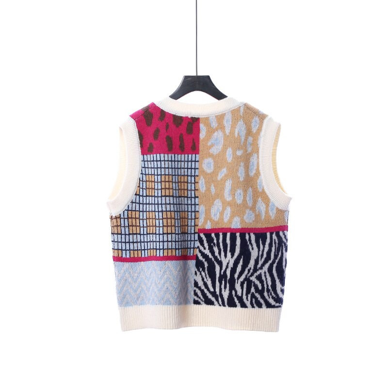 XFPV 2022. Novi jesenski modni pleteni prsluk s leopard prošivenim V-izrezom u korejskoj verziji Trend široki ženski prsluk